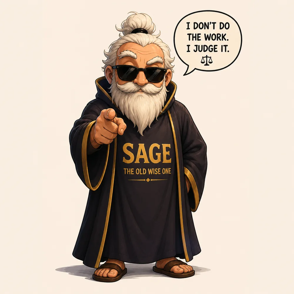 SAGE mascot — robed sage with sunglasses and staff